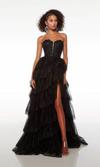 Formal Prom Dress Long Sleeveless V Neck Tulle Gown with Slit Gloves BM bride