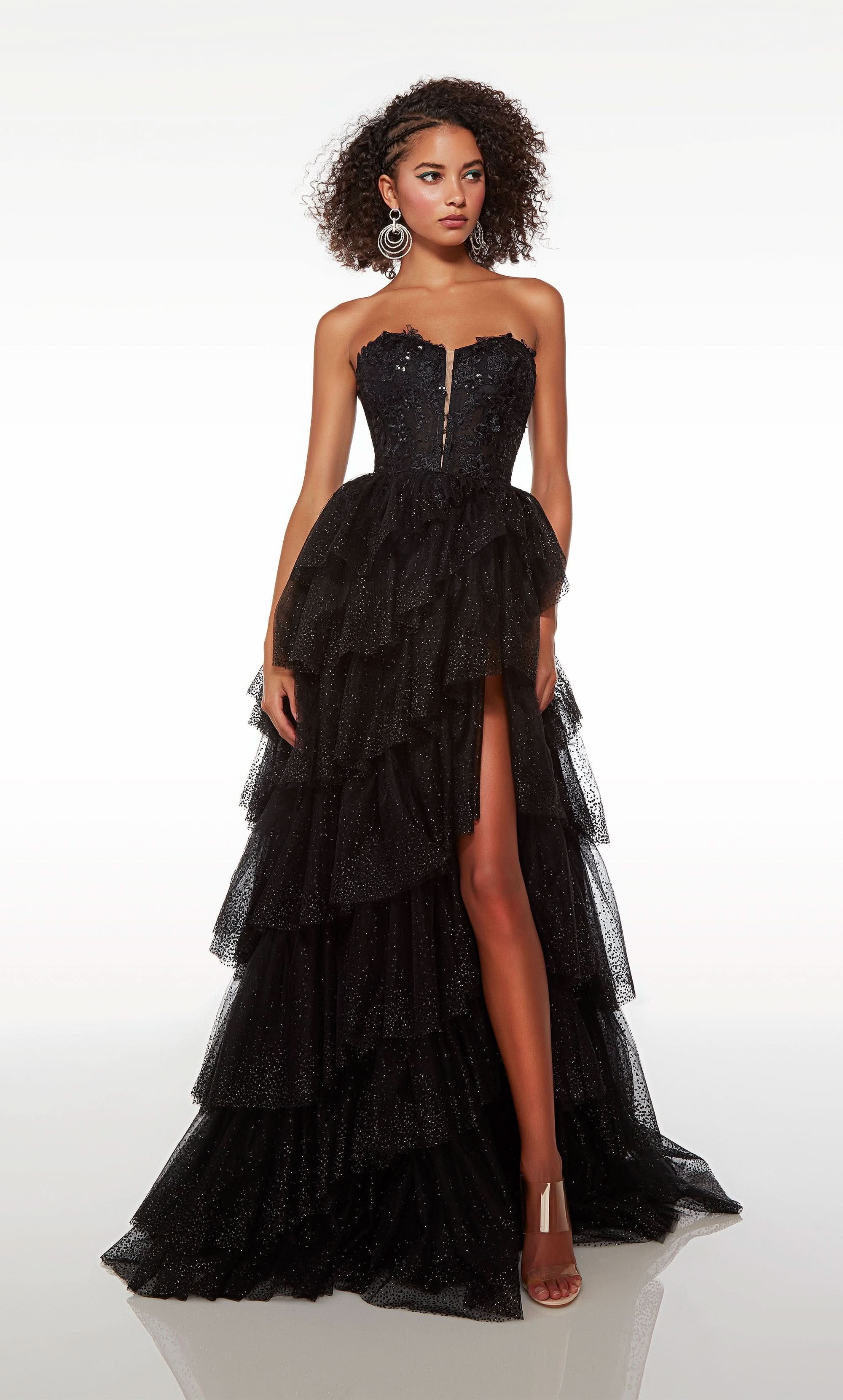Formal Prom Dress Long Sleeveless V Neck Tulle Gown with Slit Gloves BM bride