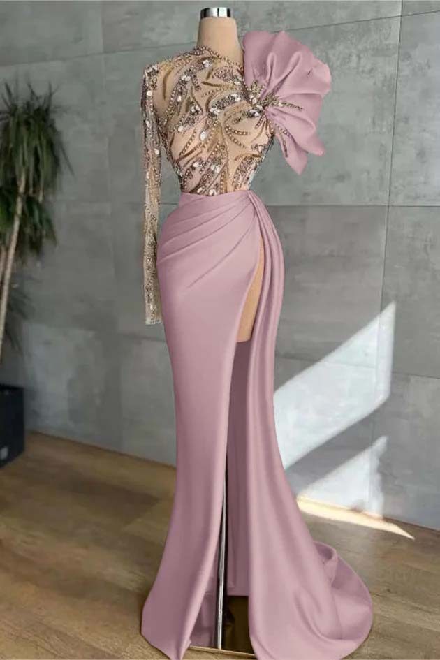 Long Sleeves Long Mermaid Prom Dress With High Split Appliques BMBRIDE