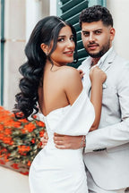 Off-the-Shoulder Charmeuse Wedding Dress with Split BM bride