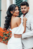 Off-the-Shoulder Charmeuse Wedding Dress with Split BM bride