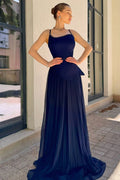 Spaghetti Strap Sleeveless Long Prom Dress With Pleated Sequins