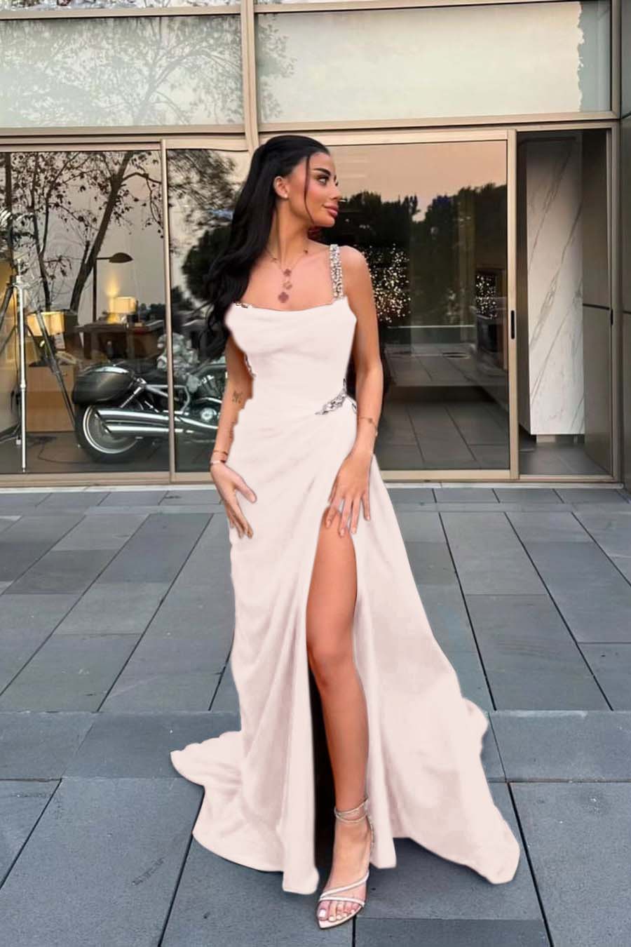 Spaghetti Strap Sleeveless Long Prom Dress With Split Beading BMBRIDE