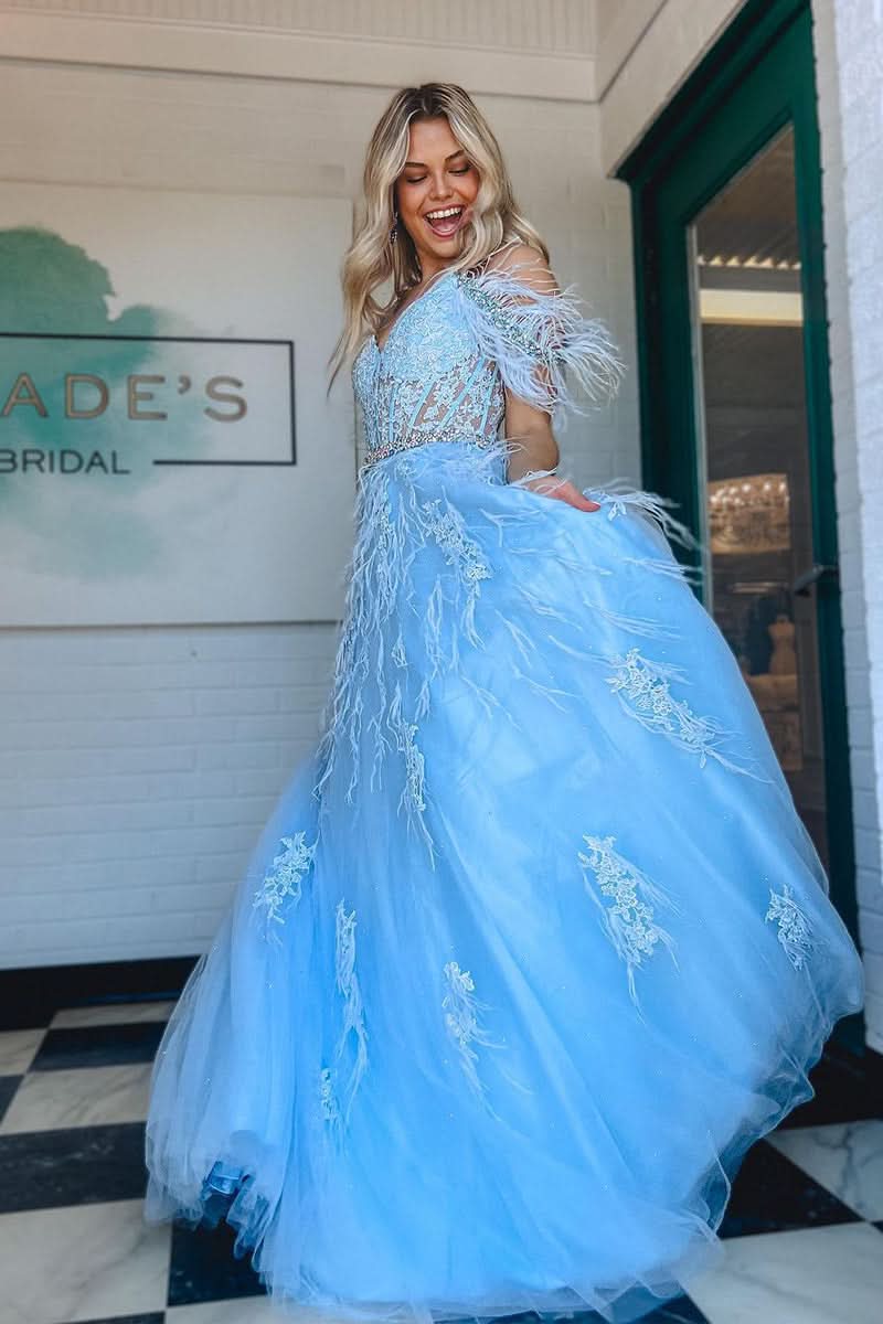 Lovely A-Line V Neck Lace Tulle Prom Dress with Beading and Feathers BM bride