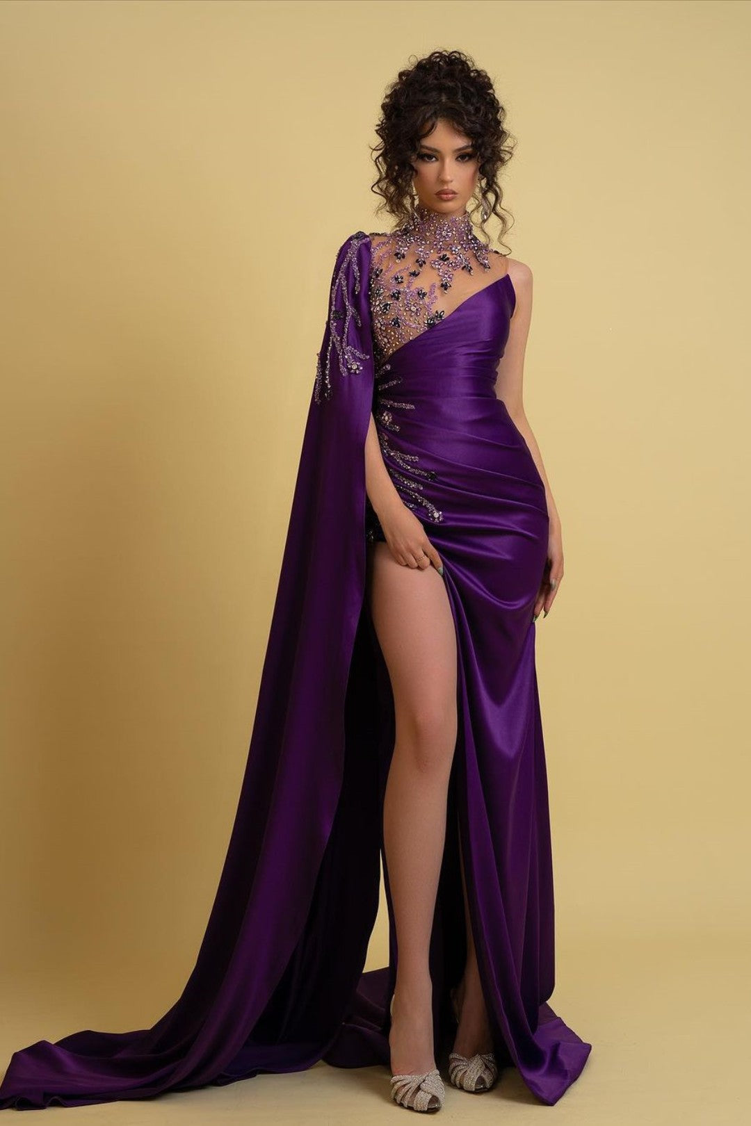 High Neck Prom Dress Regency One Shoulder With Ruched Beads BMBRIDE