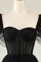 Black A-Line Corset Ruffled Tulle Homecoming Prom Dress