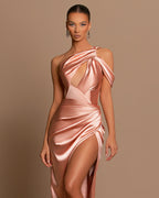 Chic Lotus Root Pink Sleeveless Strapless Evening Dress with Pleated Slit BM bride