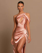 One Shoulder Sleeveless Stunning Pleated Mermaid Evening Dress With Side Split