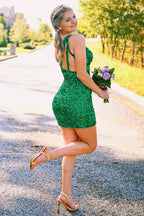 Green Sequins One Shoulder Tight Homecoming Dress Bmbride
