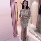 Sequin Prom Dress, Long Sleeve V-Neck High Slit BM bride