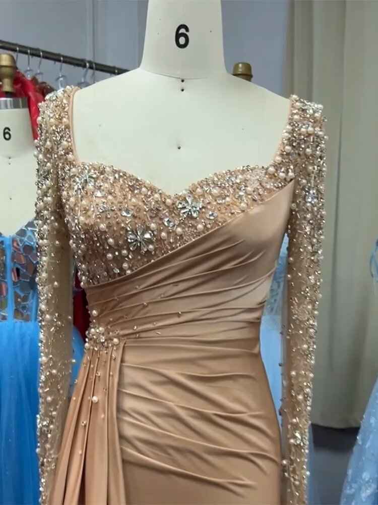 Elegant Long Sleeves Dusty Rose Bead Embroidery Mermaid Prom Dress