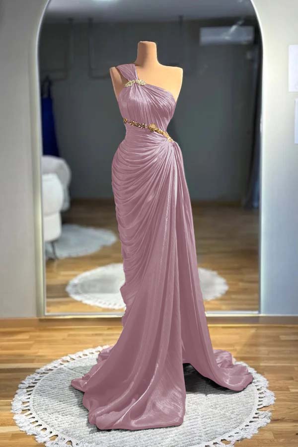 One Shoulder Sleeveless Long Mermaid Prom Dress With Pleated BMBRIDE