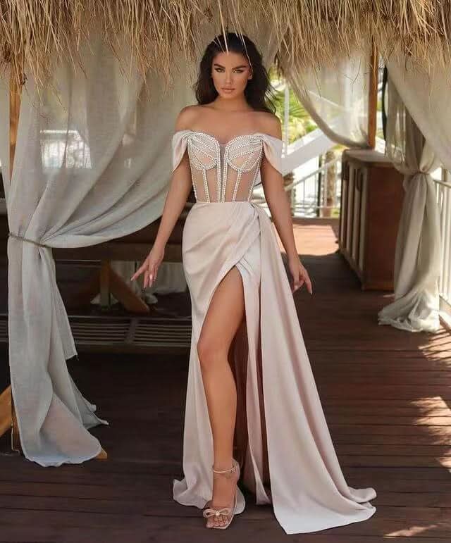Champagne Off-The-Shoulder Mermaid Prom Dress with Beadings Split Ruffles BM bride