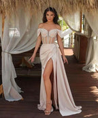 Champagne Off-The-Shoulder Mermaid Prom Dress with Beadings Split Ruffles BM bride