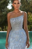Sky Blue One Shoulder Mermaid Evening Dress with Sequins and Tulle BM bride