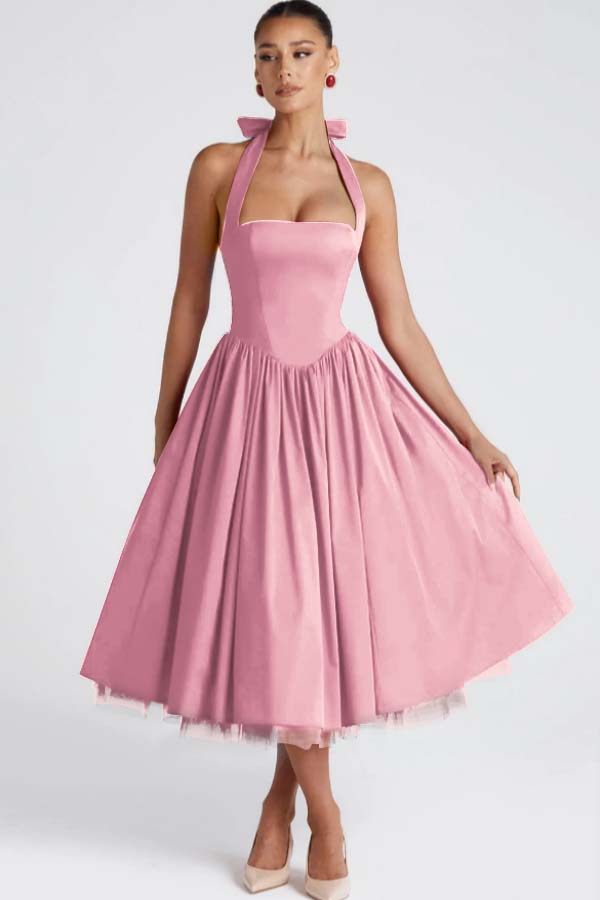 Halter Sleeveless Long A Line Prom Dress With Pleated Tulle BMBRIDE