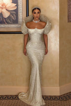 White Long Mermaid Wedding Dress with Sequins, Sleeveless with Beading BM bride