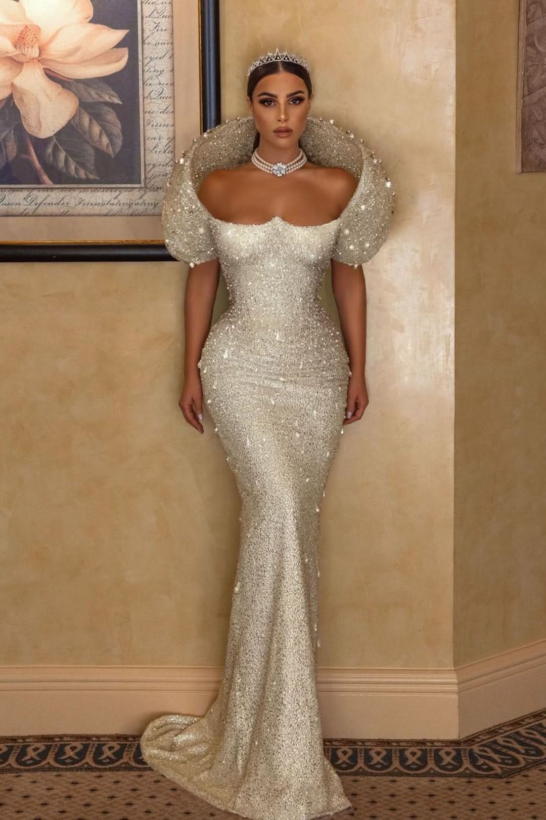White Long Mermaid Wedding Dress with Sequins, Sleeveless with Beading BM bride