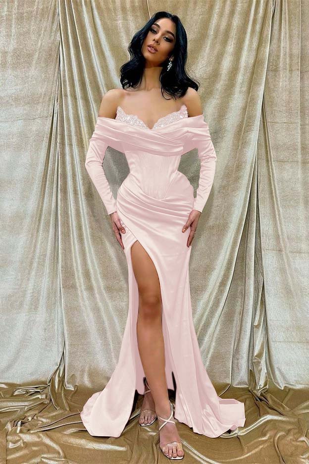 Off the Shoulder Long Sleeves Mermaid Long Prom Dress With Beading BMBRIDE