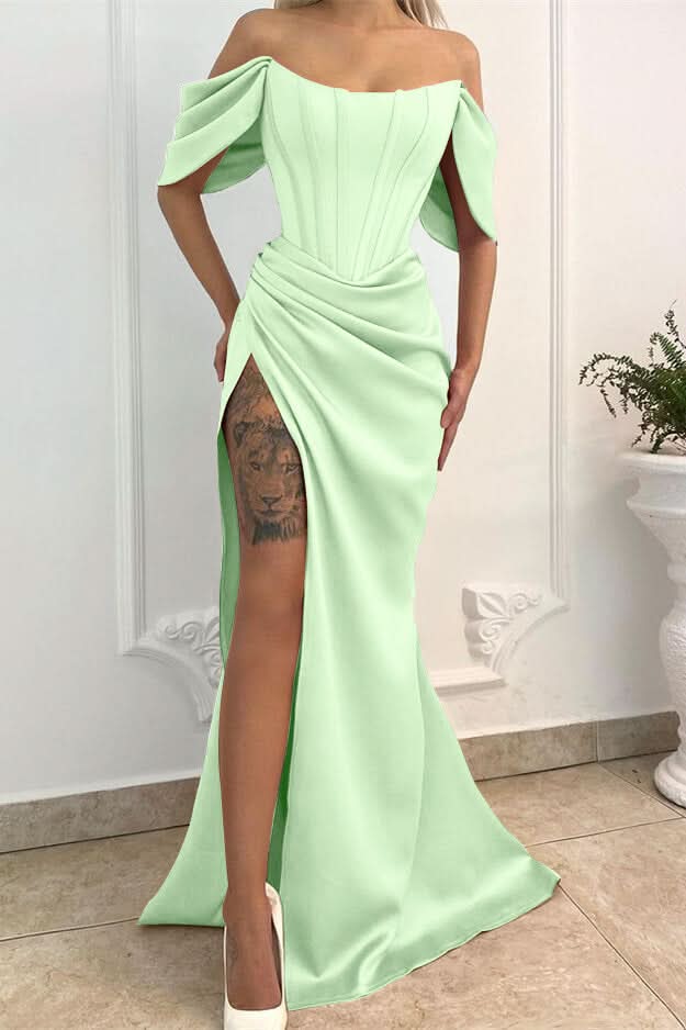 Off-the-Shoulder Long Mermaid Prom Dress with Split BM bride