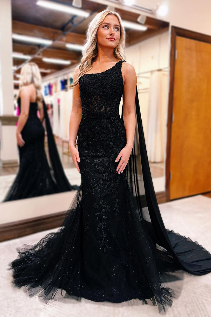 Chic Black One Shoulder Appliques Mermaid Long Prom Dress BM bride