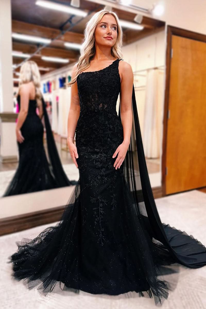 Chic Black One Shoulder Appliques Mermaid Long Prom Dress BM bride