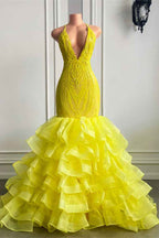 Halter Bright Yellow Deep V Sleeveless Neck Mermaid lace Prom Dress With Ruffle
