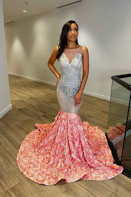 Crew Neck Sequins Sleeveless Flower Mermaid Princess Prom Dress Splicing Trumpet