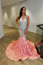Crew Neck Sequins Sleeveless Flower Mermaid Princess Prom Dress Splicing Trumpet