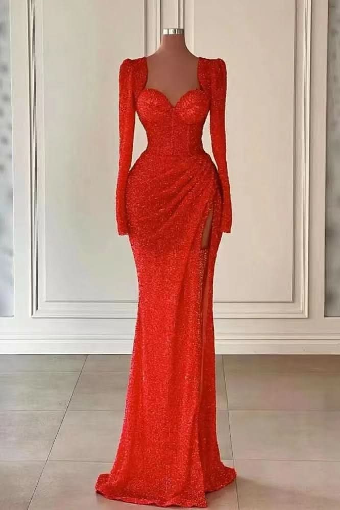 Red Long Sleeves Sweetheart Sequins Mermaid Evening Dress with Split BM bride