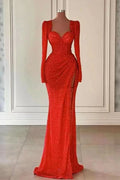 Red Long Sleeves Sweetheart Sequins Mermaid Evening Dress with Split BM bride