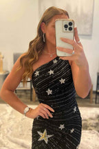 Sheath One Shoulder Black Sequins Short Homecoming Dress with Star Bmbride
