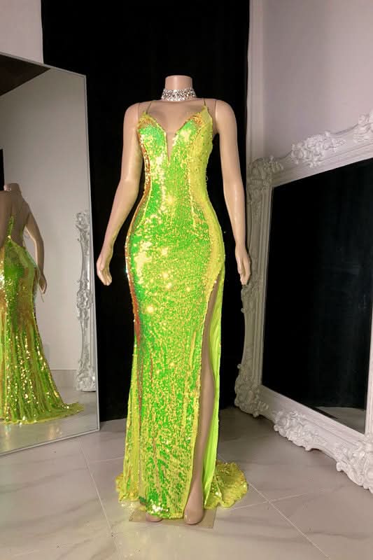 Light Green Sleeveless V-Neck Sequined Prom Dress with Halter and Slit BM bride