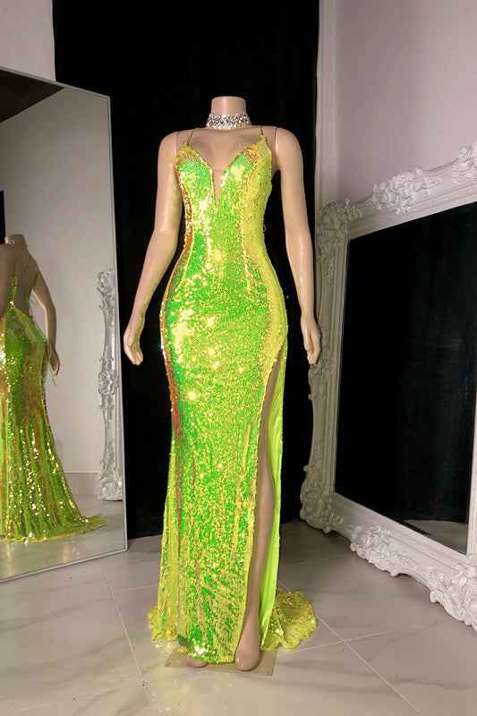 Light Green Prom Dress Sequins Sleeveless V Neck Split Halter