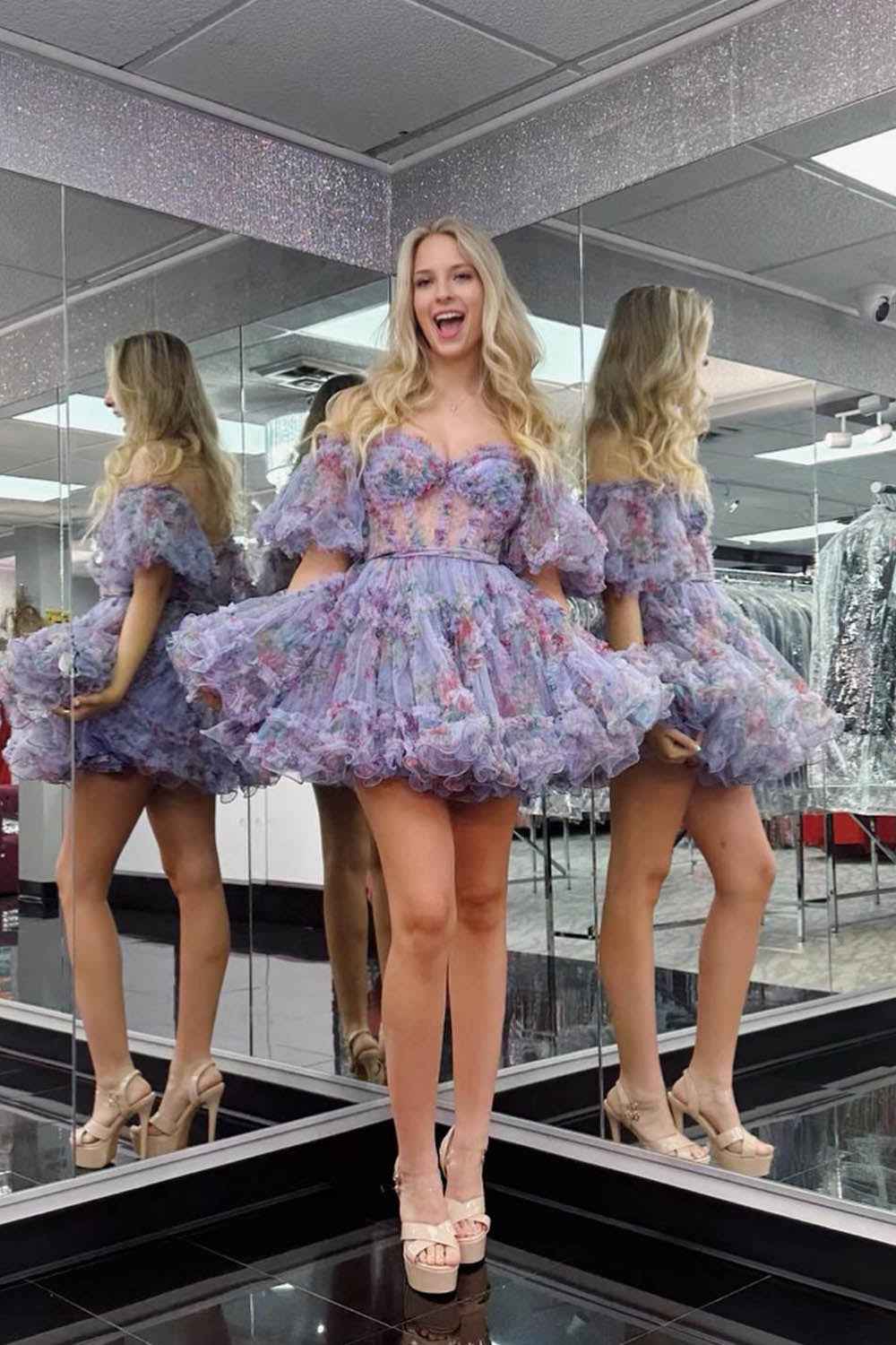 Purple Floral Off the Shoulder A-Line Short Homecoming Dress Bmbride