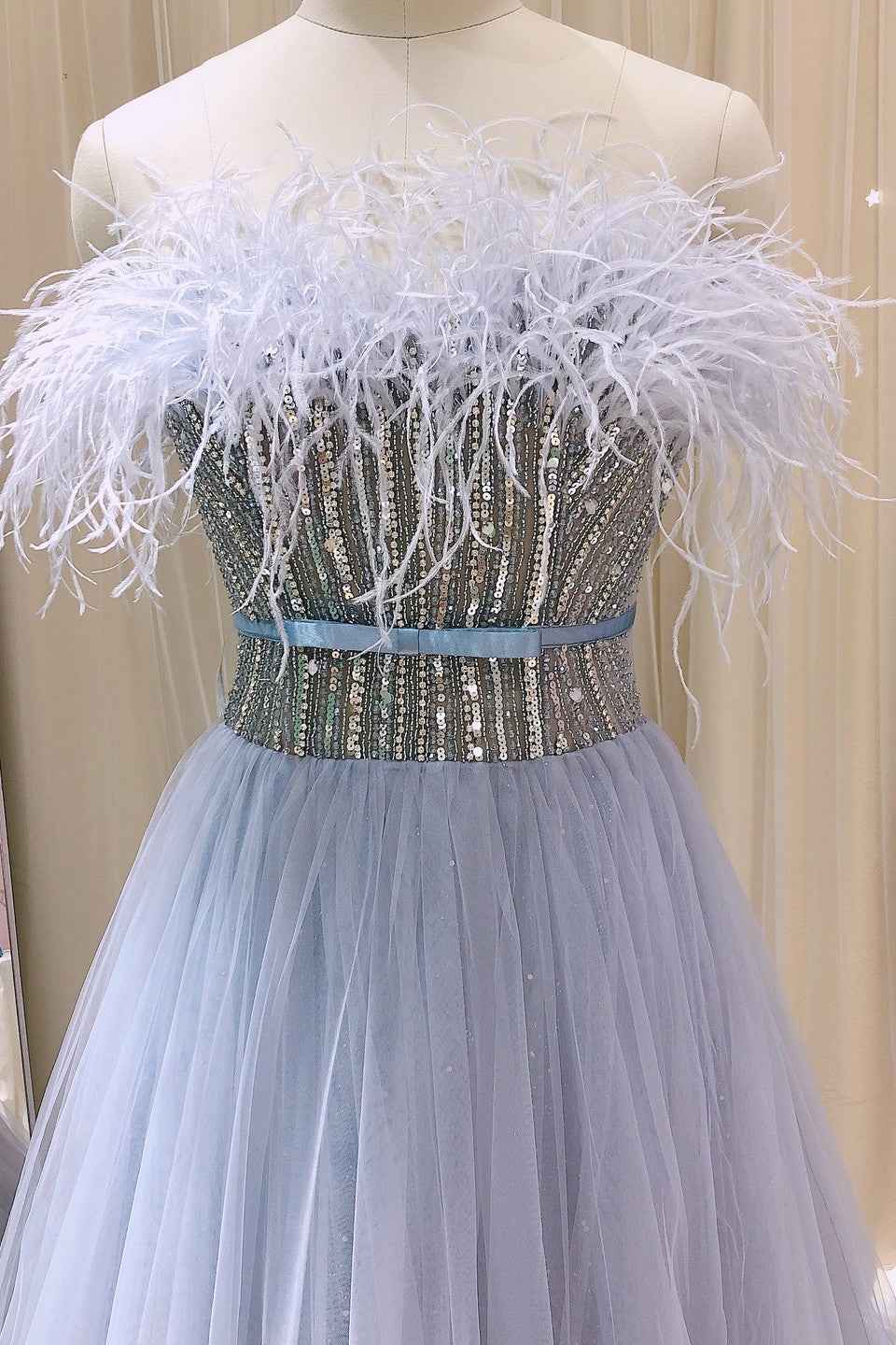 Amazing A Line Strapless Prom Dress Tulle With Feathers Appliques