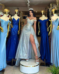 Shining Sequins Off the Shoulder Pleated Prom Dress With High Split