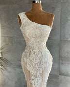 Elegant One Shoulder Floor-Length Mermaid Wedding Dress with Lace Appliques BM bride