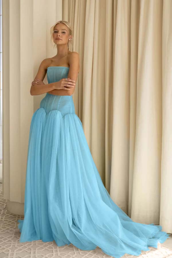 Charming Tulle Strapless Sleeveless Long Prom Dress With Pleated BMBRIDE