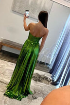 Enchanting Green Metallic Strapless Pleated A-Line Long Prom Dress BM bride