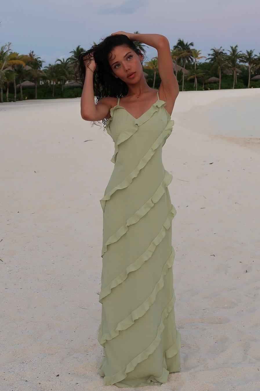 Spaghetti Strap Sleeveless Long Pleated Prom Dress With Ruffles