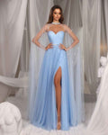 Sky Blue Split Sweetheart Strapless Paillette Tulle Prom Dress