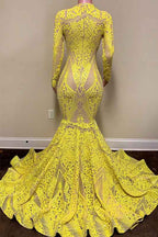 Bright Yellow Long Sleeves Long Mermaid Prom Dress With Embroidery