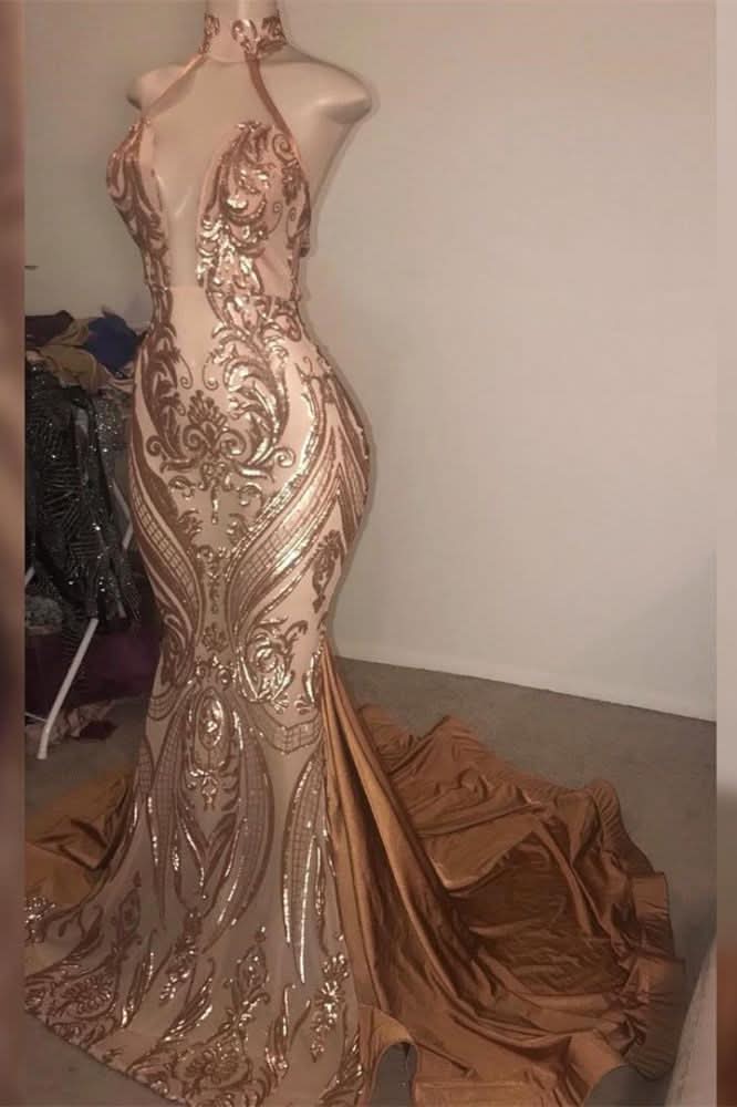 Elegant Halter V-Neck Sequins Mermaid Prom Dress BM bride