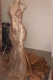 Elegant Halter V-Neck Sequins Mermaid Prom Dress BM bride