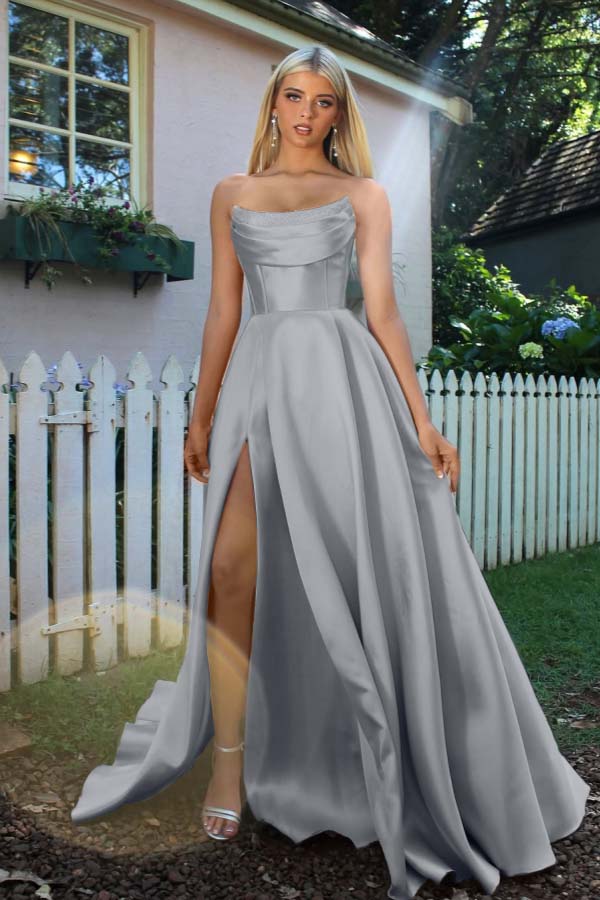Strapless Sleeveless A Line Long Prom Dress With Split Pleated BMBRIDE