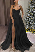 Black Halter Sweetheart Sleeveless Long Prom Dress With Split