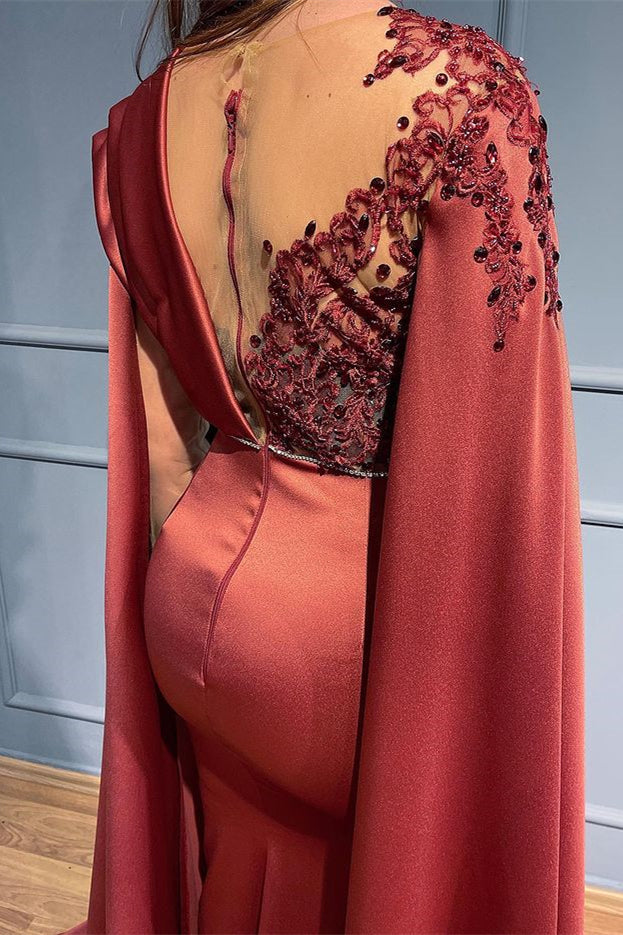 Rust Long Sleeves Beads Appliques Mermaid Long Evening Dress With Ruffles