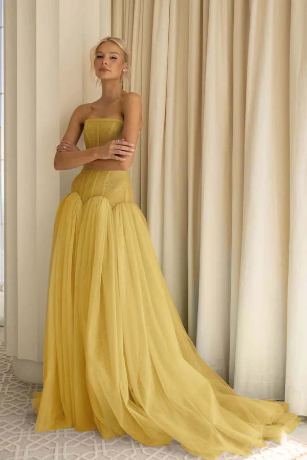 Charming Tulle Strapless Sleeveless Long Prom Dress With Pleated BMBRIDE