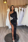 Charming Black Evening Dress with Long Sleeves, Hollowing Out, and Pleated Slit BM bride